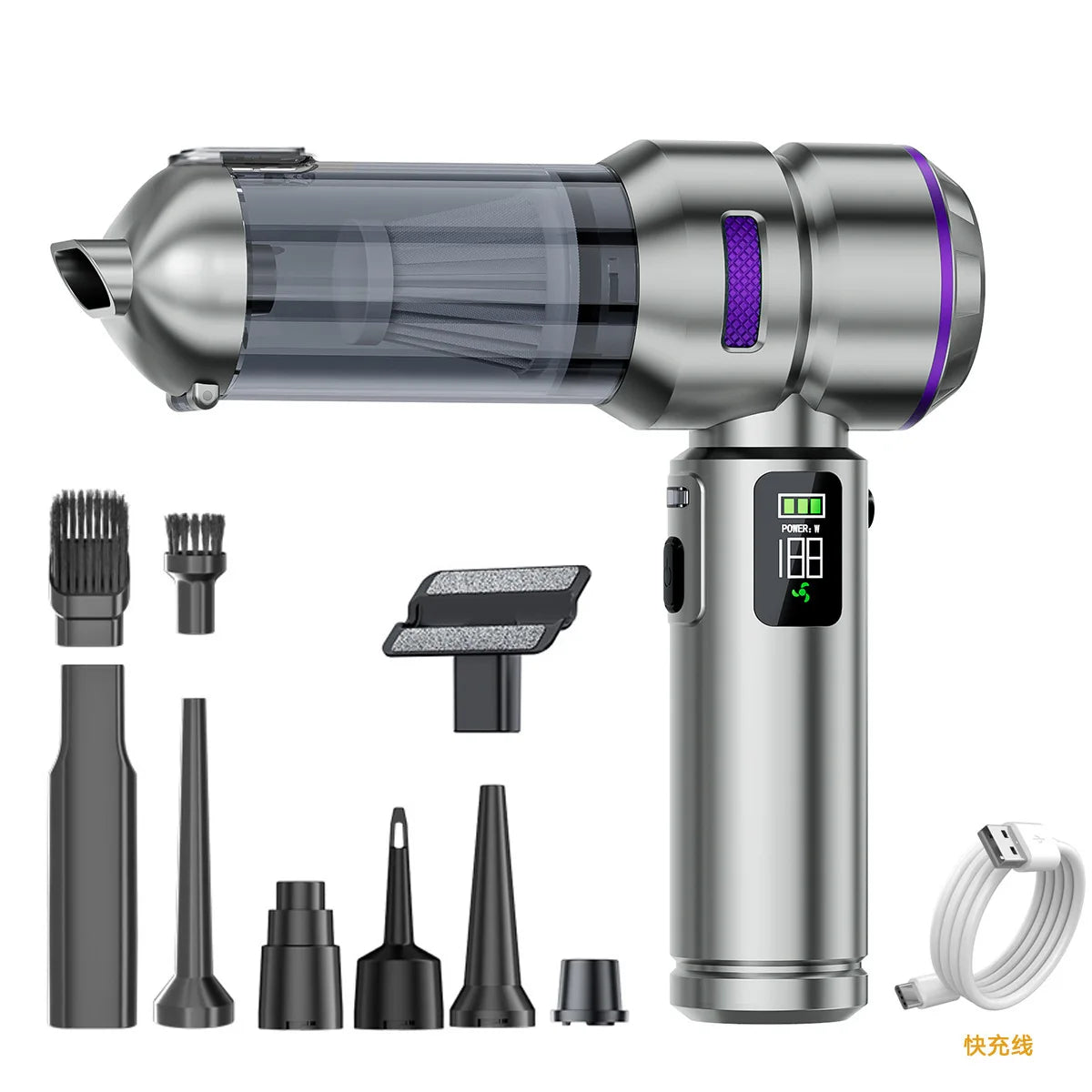 Strong Suction Car Vacuum Cleaner Brushless Motor Digital Display One-Click Detachable Dust Cup Portable Auto Household Duster